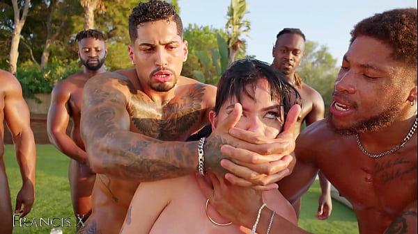 Outdoor Gangbang: Nine Guys Ravage A Latina Slut In Lingerie With Rough Anal And Double Penetration